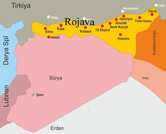 خريطة كردية لمناطق الأكراد في شمال سوريا من موقع rojavanew.blogspot.com