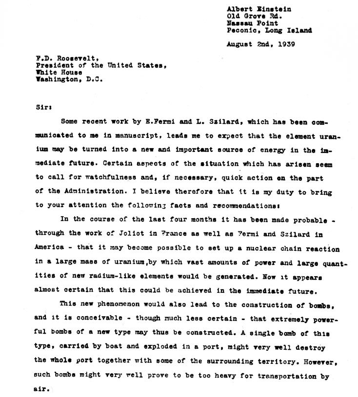 الصفحة الأولى من رسالة ألبرت أينشتاين للرئيس الأميركي روزفلت