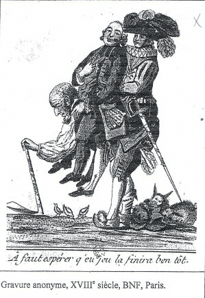 رسم فرنسي قديم من القرن ١٨ لفنان مجهول: الشعب يحمل النبلاء ورجال الدين على ظهره